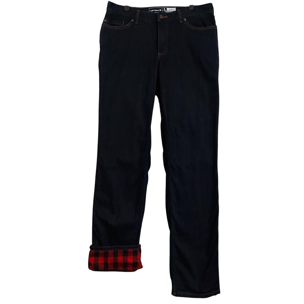 Carhartt Loose Fit Flannel Lined Jeans Womens‎ 12 Tall Blue Dark Wash 33x34